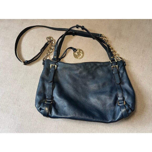 Michael Kors Bedford Blue Large Shoulder Belted Satchel Leather Handbag Retired - Picture 2 of 9